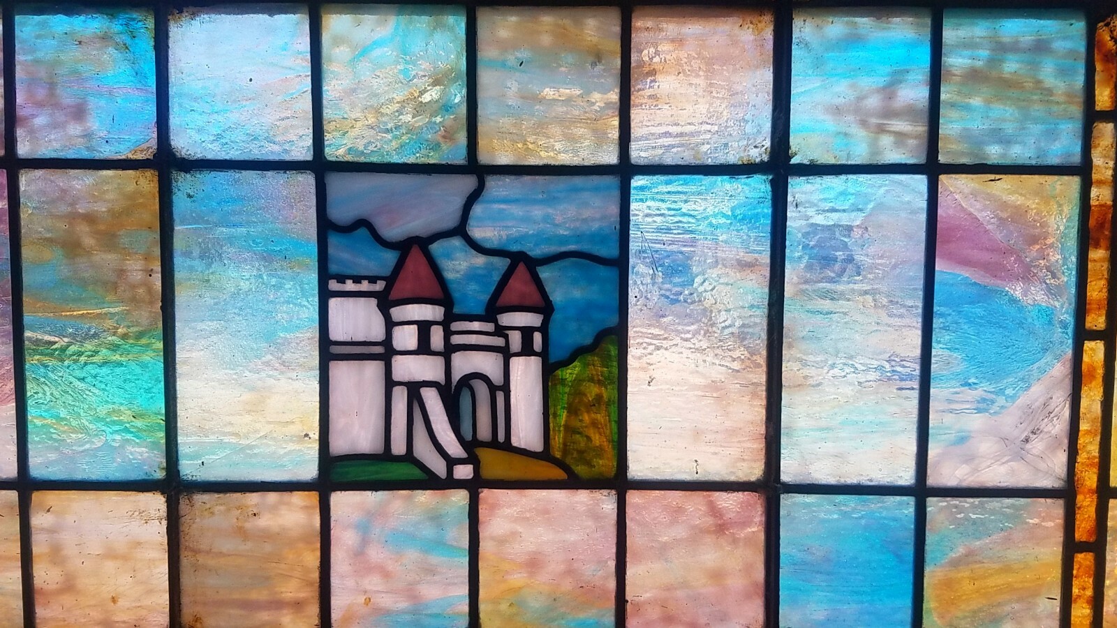 ANTIQUE STAINED GLASS WINDOW WITH CASTLE 26 BY 39