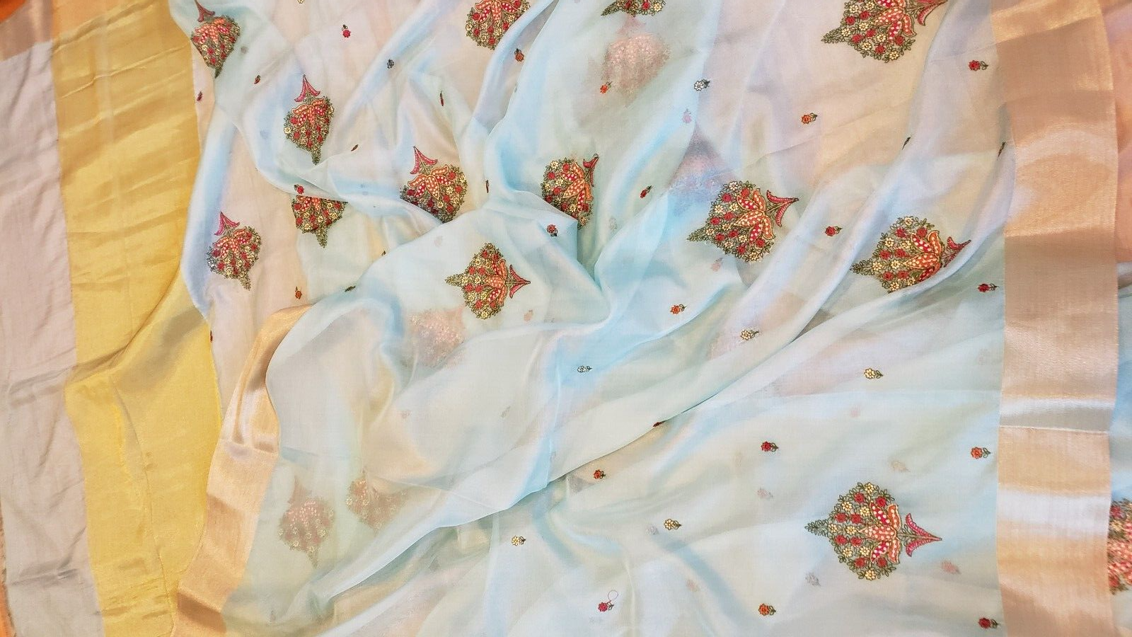 Georgette Saree Resham Zari Embroidery Zari Border Light Blue Blouse Party Wear