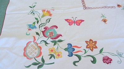 VintageTablecloth 66 x 53 HAND PAINTED Flowers Print Floral