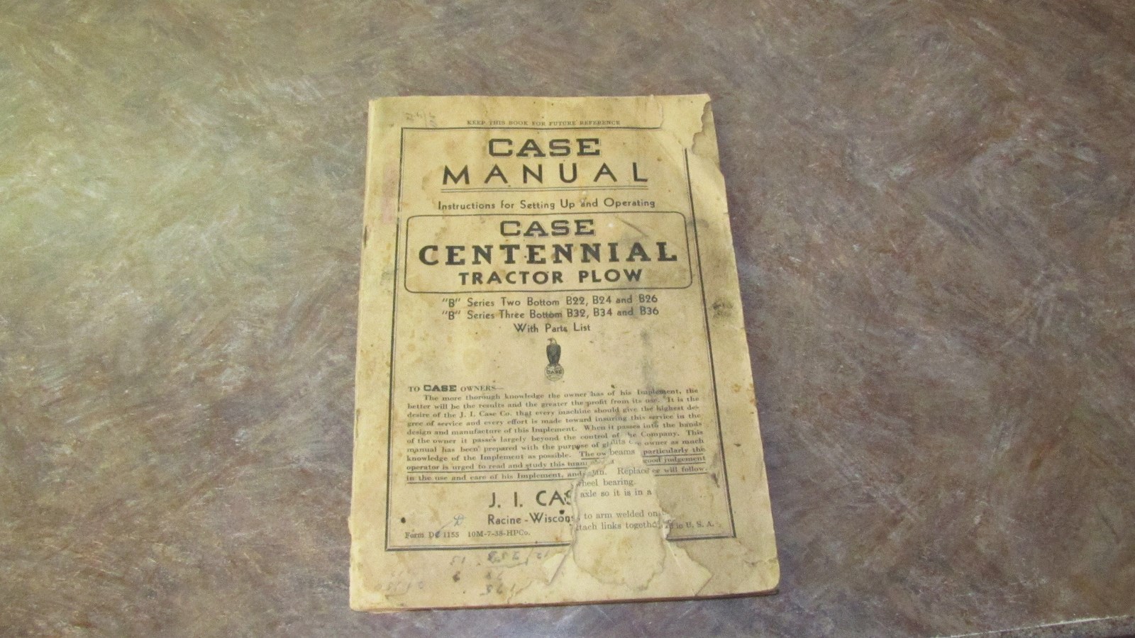 Vintage Original CASE Model Centennial Plow Operators Owner Manual 1938,B Series