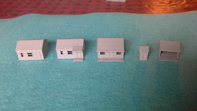 (1) SET  '' N ''  SCALE  3 SMALL CABINS,   1 SHED,   1 OUT-HOUSE     3D PRINTED