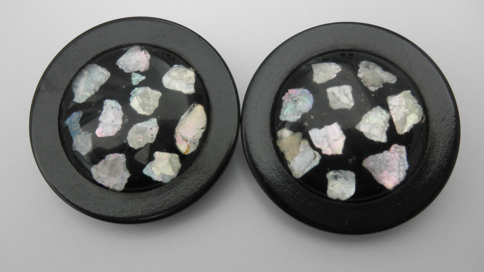 Two Vintage Black Plastic Bakelite? 1 ½'' Shank Buttons / Abalone Center Inset