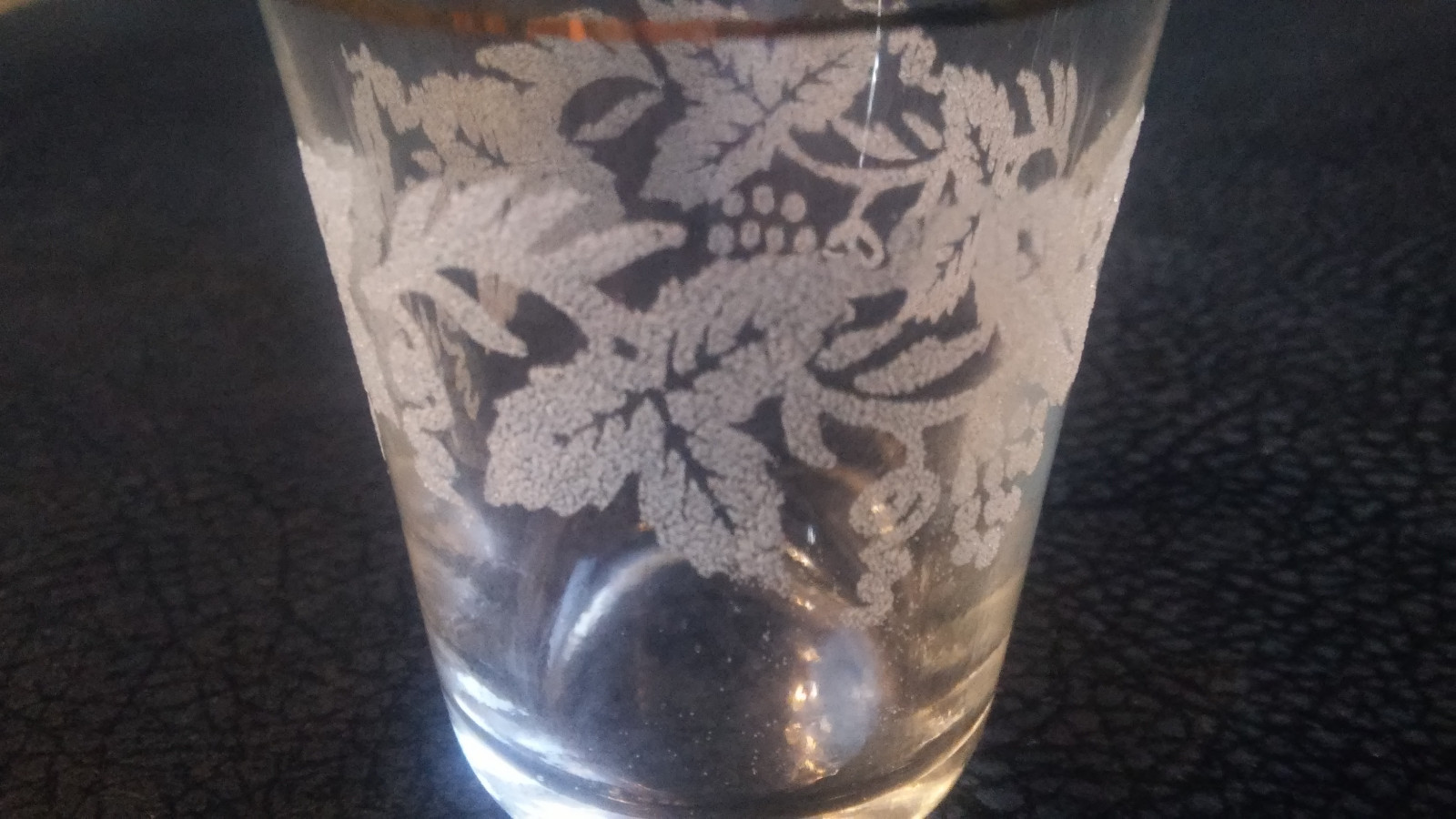 Beautiful Etched Leaves Shot Glass with Gold Rim 2 7/16