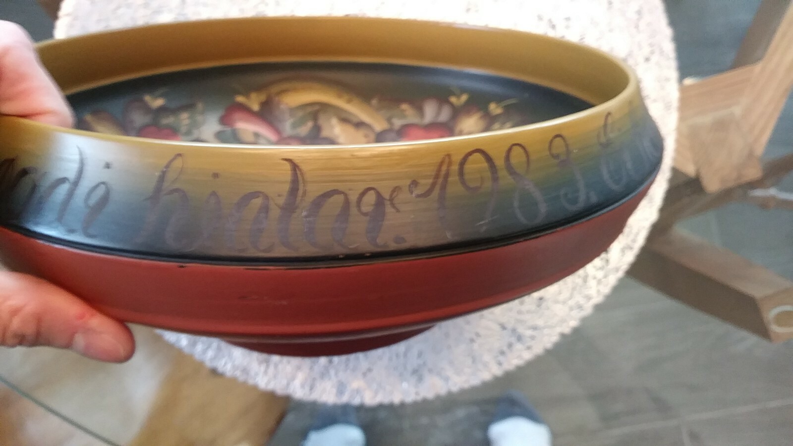 MCM Vintage Wood Tole Painted Bowl. 1983 Solvang California