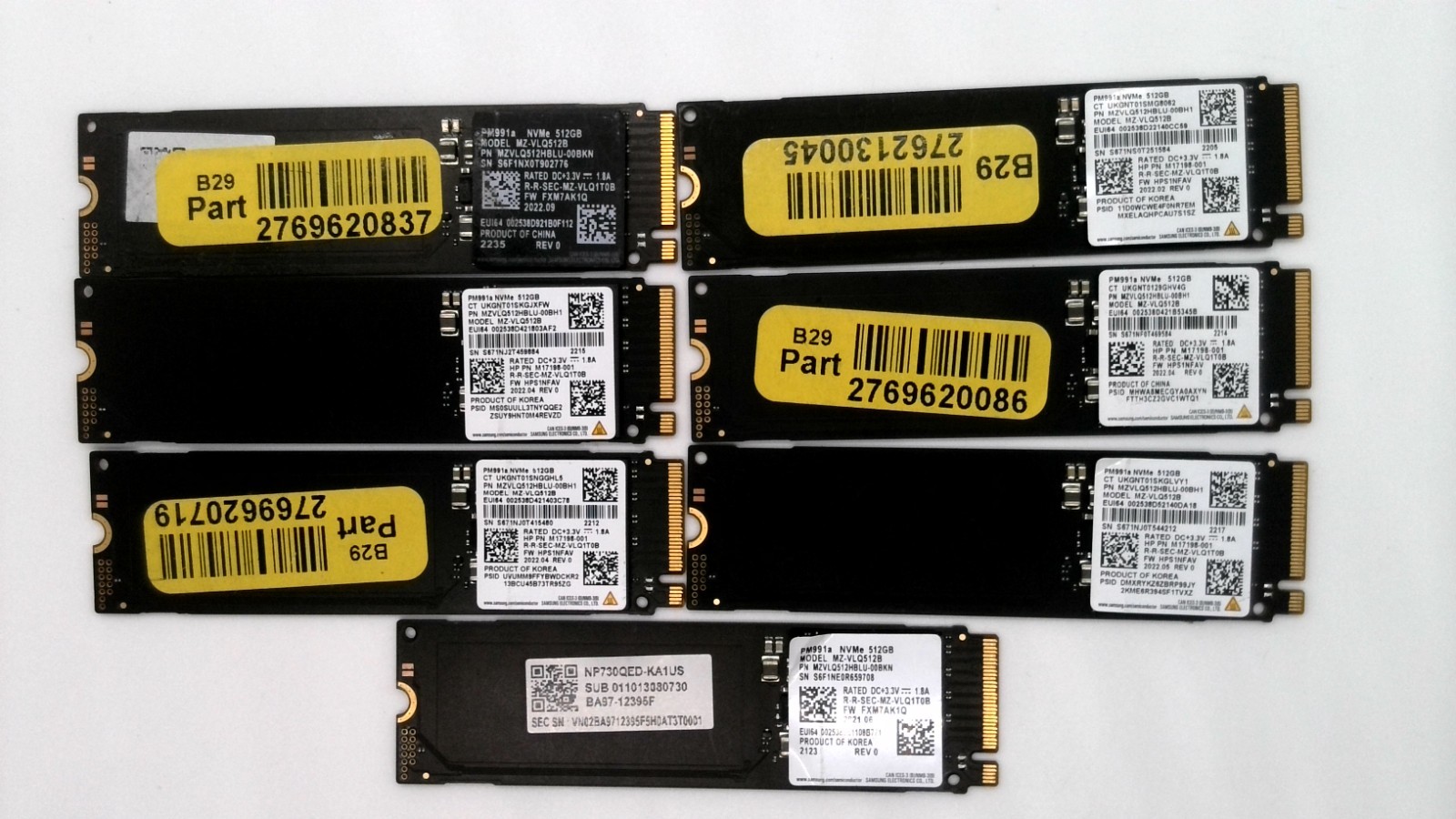 Lot of 7 Samsung PM991A 512GB M.2 2280 Nvme SSD MZ-VLQ512B