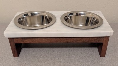 Heavy Marble Elevated Pet Feeder x 2 Stainless Bowls Dog Cat