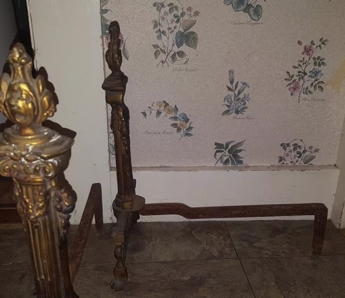 Pair Brass French Empire Design Pillar W/ Vines Fireplace Andirons Claw Feet