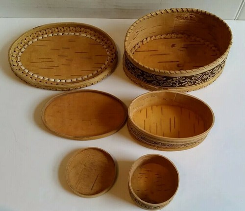 3 Handcrafted Russian Birch Bark Squirrel Decorated Jewelry and Trinket Boxes