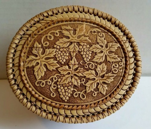 Handcrafted Russian Birch Bark Grape Vine Leaf Decorated Jewelry Or Trinket Box