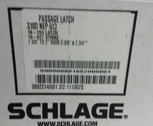 NEW! Schlage S10D NEP 613 NEPTUNE Cylindrical PASSAGE LATCH - Free Shipping!