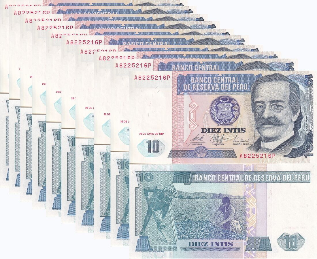Peru 10 Intis 1987 P 129 UNC LOT 10 PCS , 1/10 Bundle ,Ricardo Palma