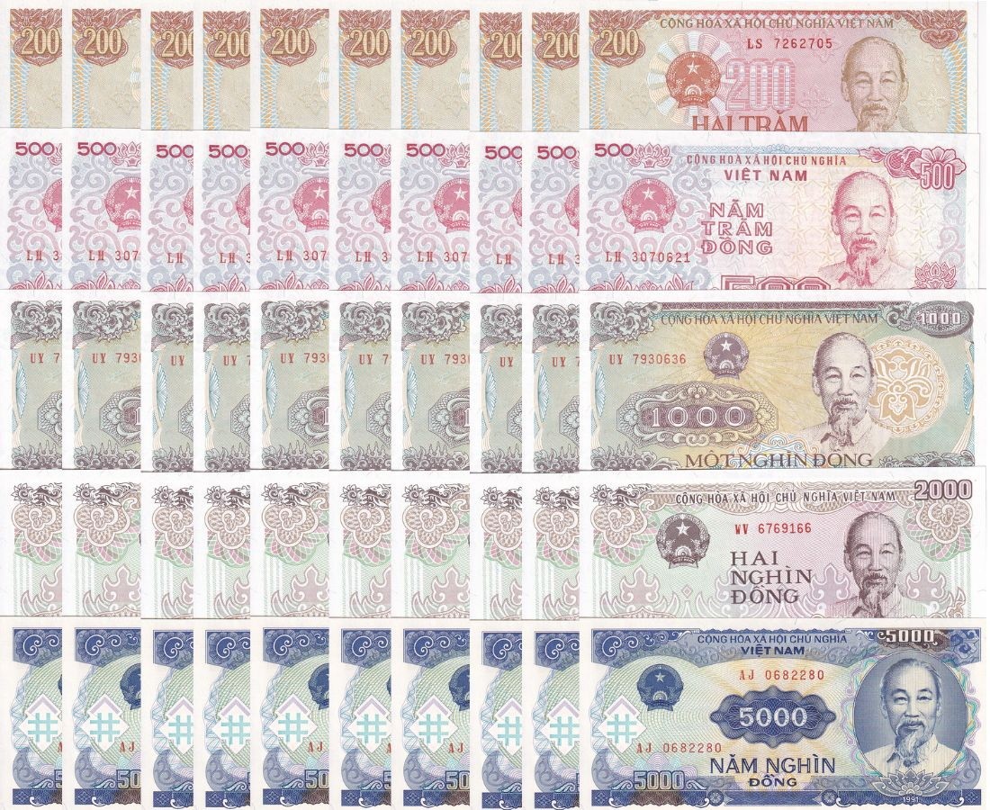 Vietnam Set 5 X LOT 10= 50 UNC 200 500 1000 2000 5000 Dong 1987-91 P 100 - 108