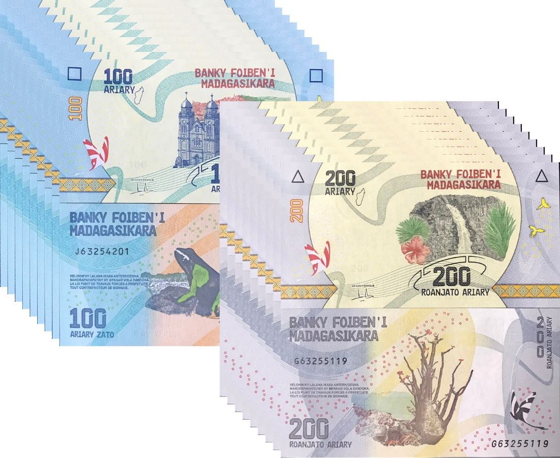 Madagascar Set 2 X LOT 20 = 40 UNC 100 200 Ariary 2017 P 97 P 98