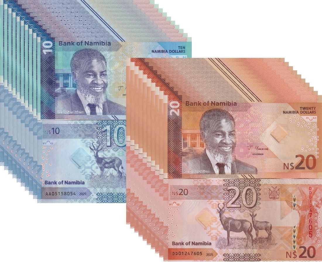 Namibia Set 2 x Lot 10=20 UNC 10 20 Dollars 2025 P 20 21 NEW Design