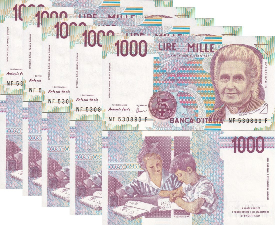 Italy 1000 Lire 1990 P 114 c UNC LOT 5 PCS, Maria Montessori School ,Rome