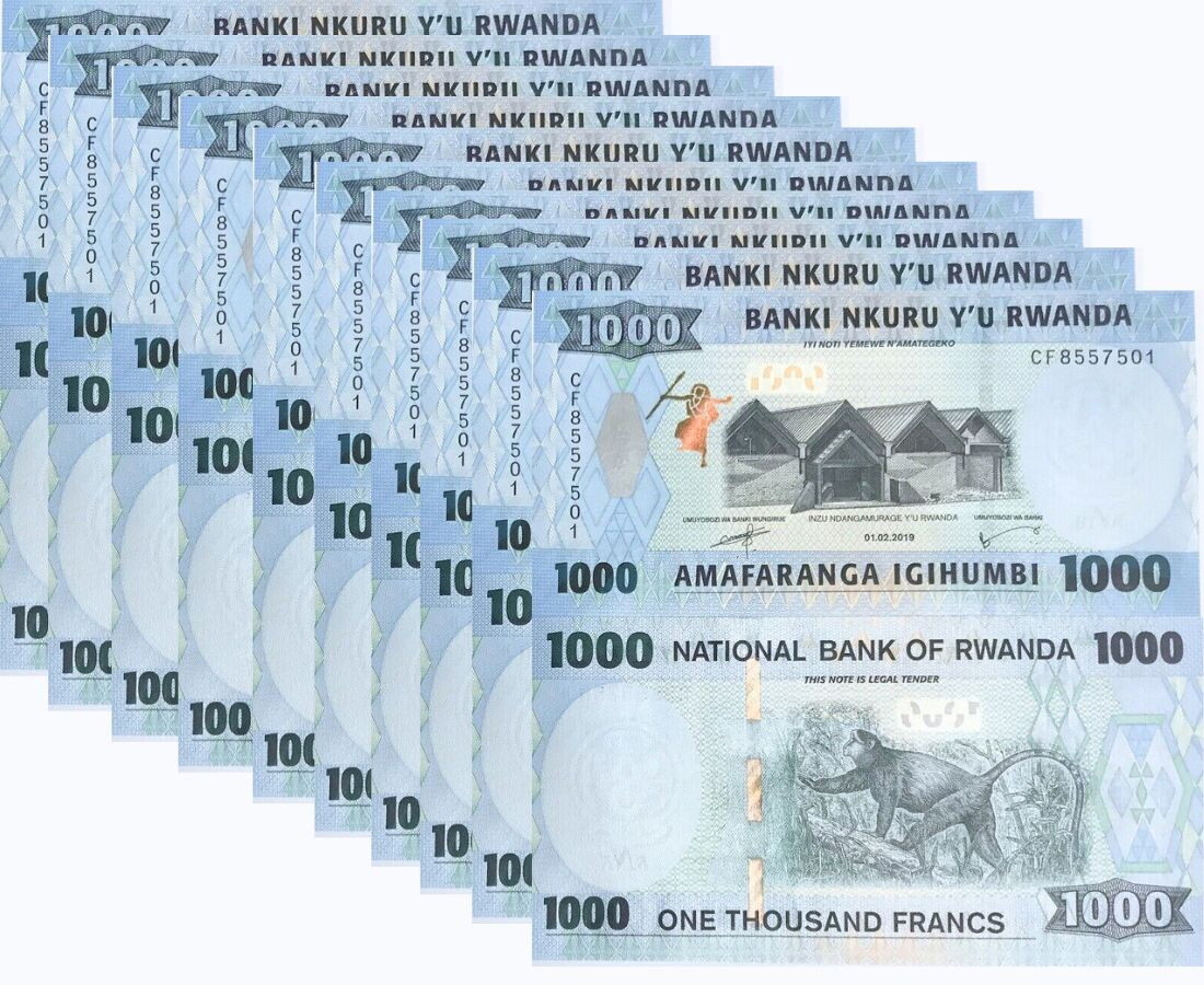 Rwanda 1000 Francs 2019 P 39 b UNC LOT 10 Pcs 1/10 BUNDLE