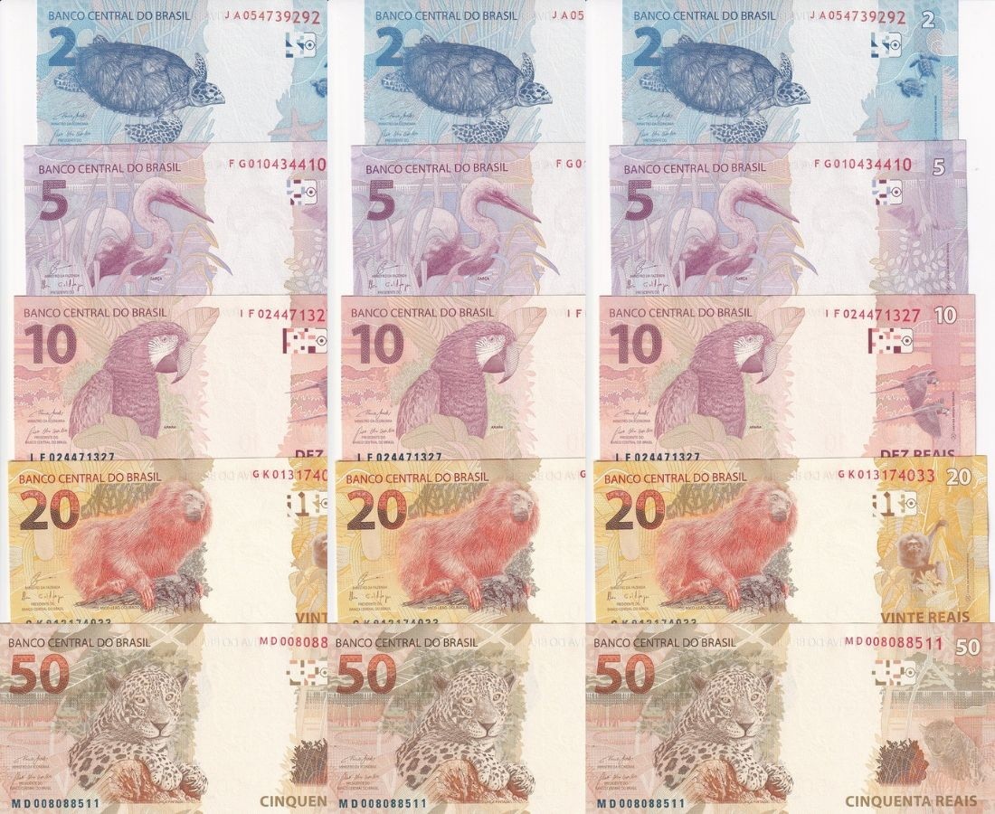 Brazil Set 5 x Lot 3 = 15 UNC 2 5 10 20 50 Reai 2010-2023 P 252 253 254 255 256