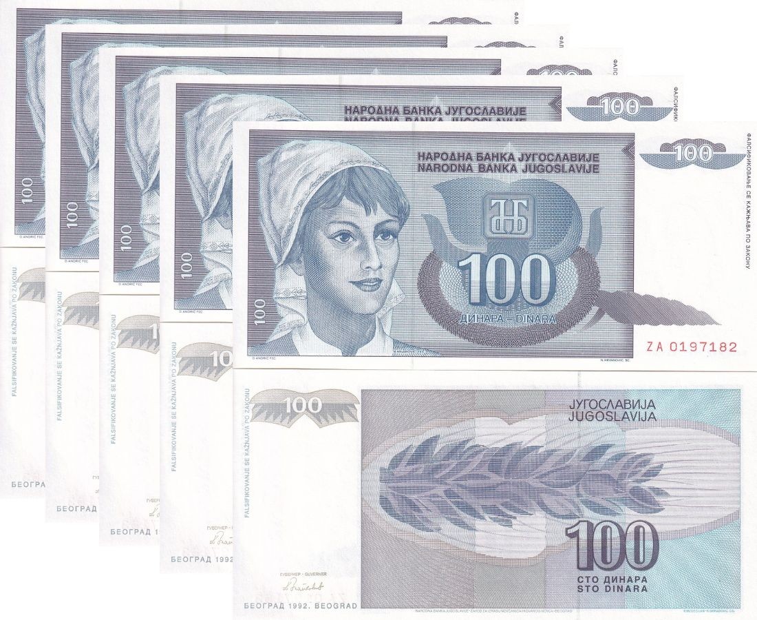 Yugoslavia 100 Dinara 1992 P 112 ZA Prefix REPLACEMENT UNC LOT 5 PCS
