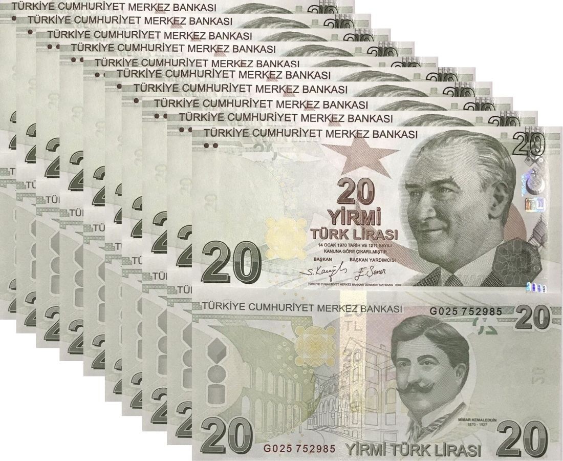 Turkey 20 Lira 2009/2022 P 224 Mixed Prefix & Year UNC LOT 10 PCS