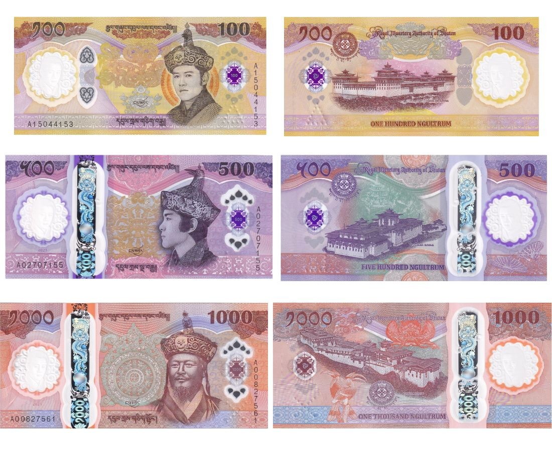Bhutan SET 3 UNC 100 500 1000 Ngultrum 2025 2026 Comm. P 43 44 45 Polymer NR