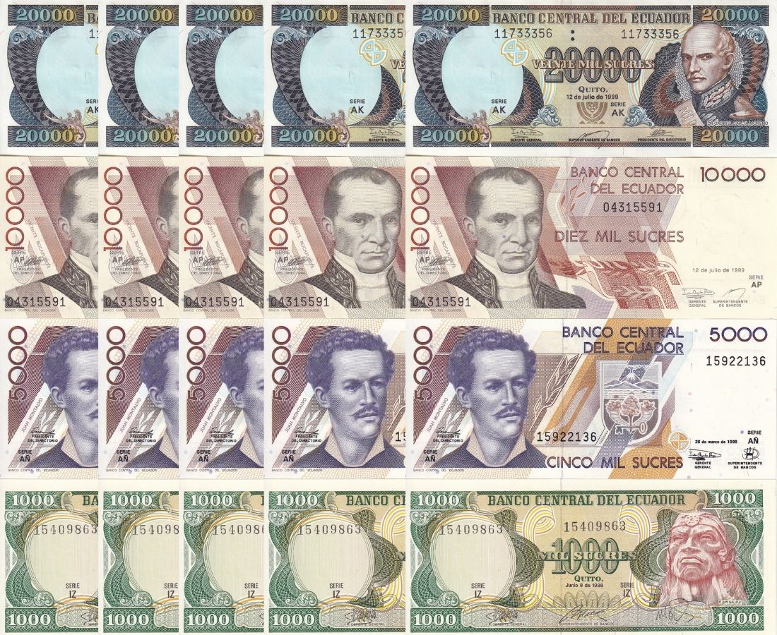 Ecuador Set4 xLot 5 UNC 1000 5000 20000 50000 Sucres 1988 1999 P 125 127 128 129