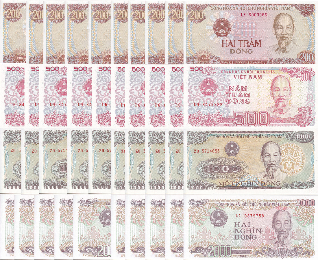 Vietnam Set 4 x Lot 10 = 40 UNC 200 500 1000 2000 1987 1988 P 100 101 -107 NHB