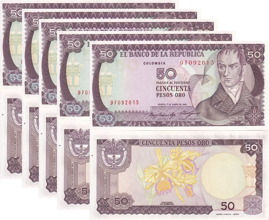 Colombia 50 Pesos Oro 1985 P 425 a UNC LOT 5 Pcs ,Camilo Torres Tenorio
