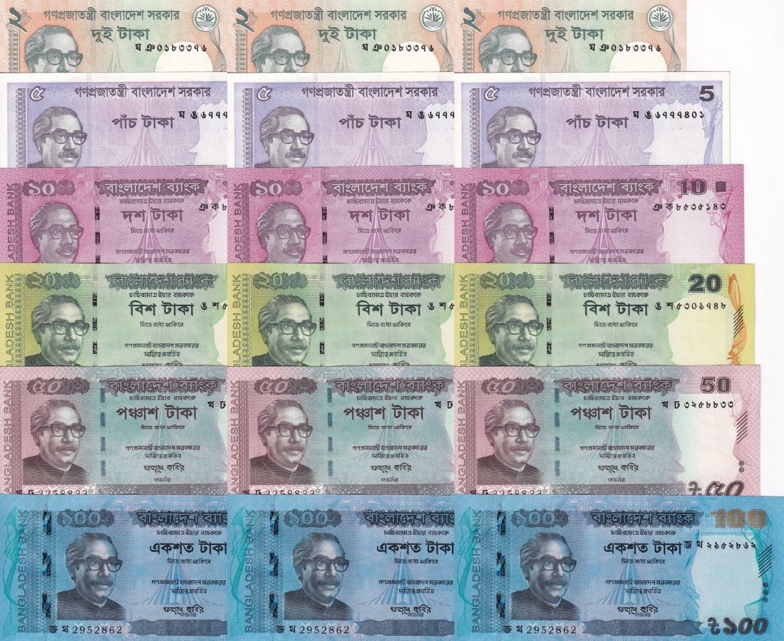Bangladesh set 6 X LOT 3= 18 UNC  2 5 10 20 50 100 Taka 2016-2024 P 52 54-P 64A