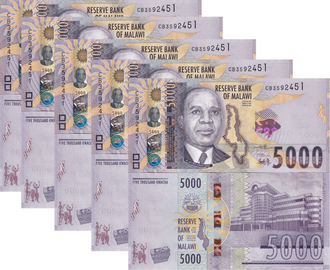 Malawi 5000 Kwacha 2026 P 71 Mzuzu Dr. Hastings Kamuzu Banda UNC LOT 5 PCS