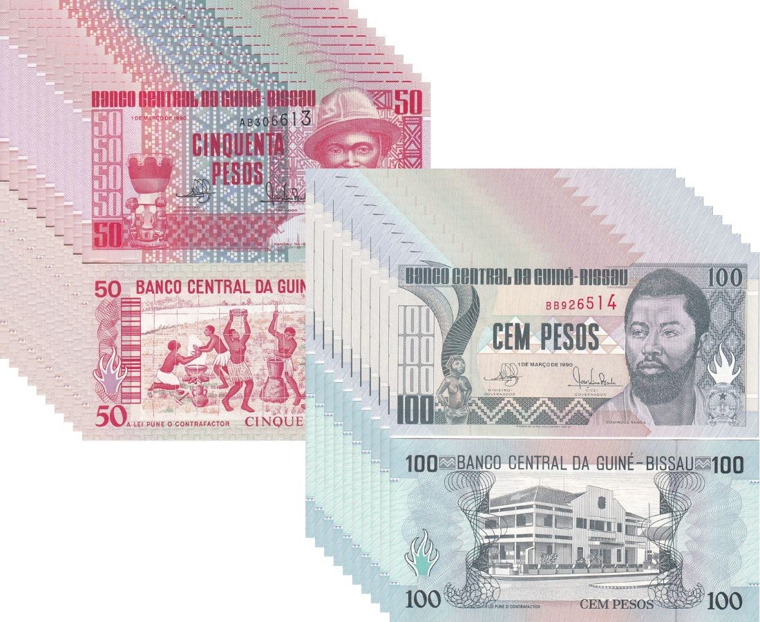 Guinea Bissau Set 2 x LOT 10 = 20 UNC 50 100 Pesos 1990 P 10 11