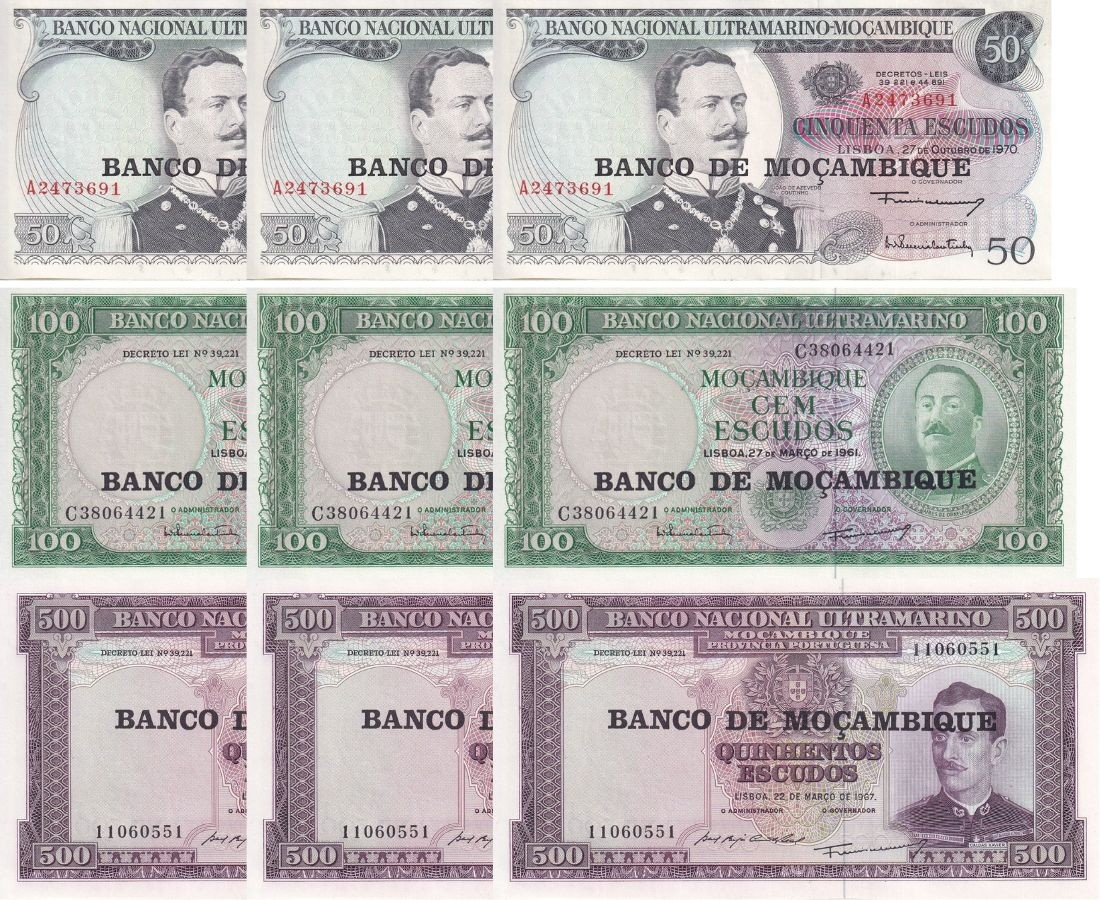 Mozambique Set 3 X LOT 3=15 AU-UNC 50 100 500 Escudos 1976 P 116 117 118