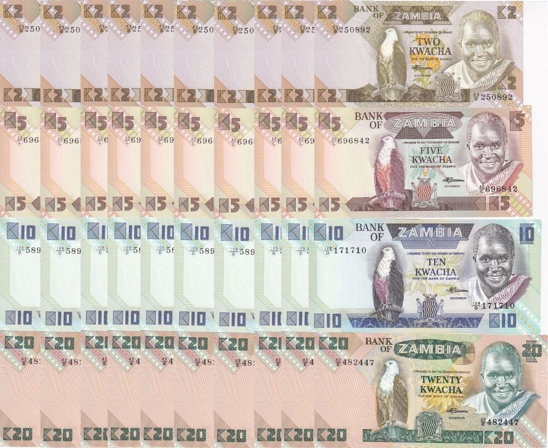 Zambia Set 4 X Lot 10 = 40 UNC 2 5 10 20 Kwacha 1980 - 1991 P 24 25 26 27