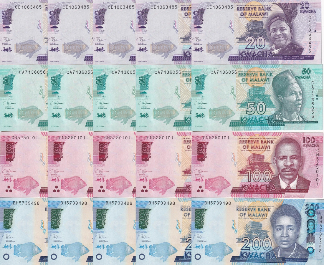 Malawi Set 4 x LOT 5 = 20 UNC 20 50 100 200 Kwacha Random Date P 60-65 UNC