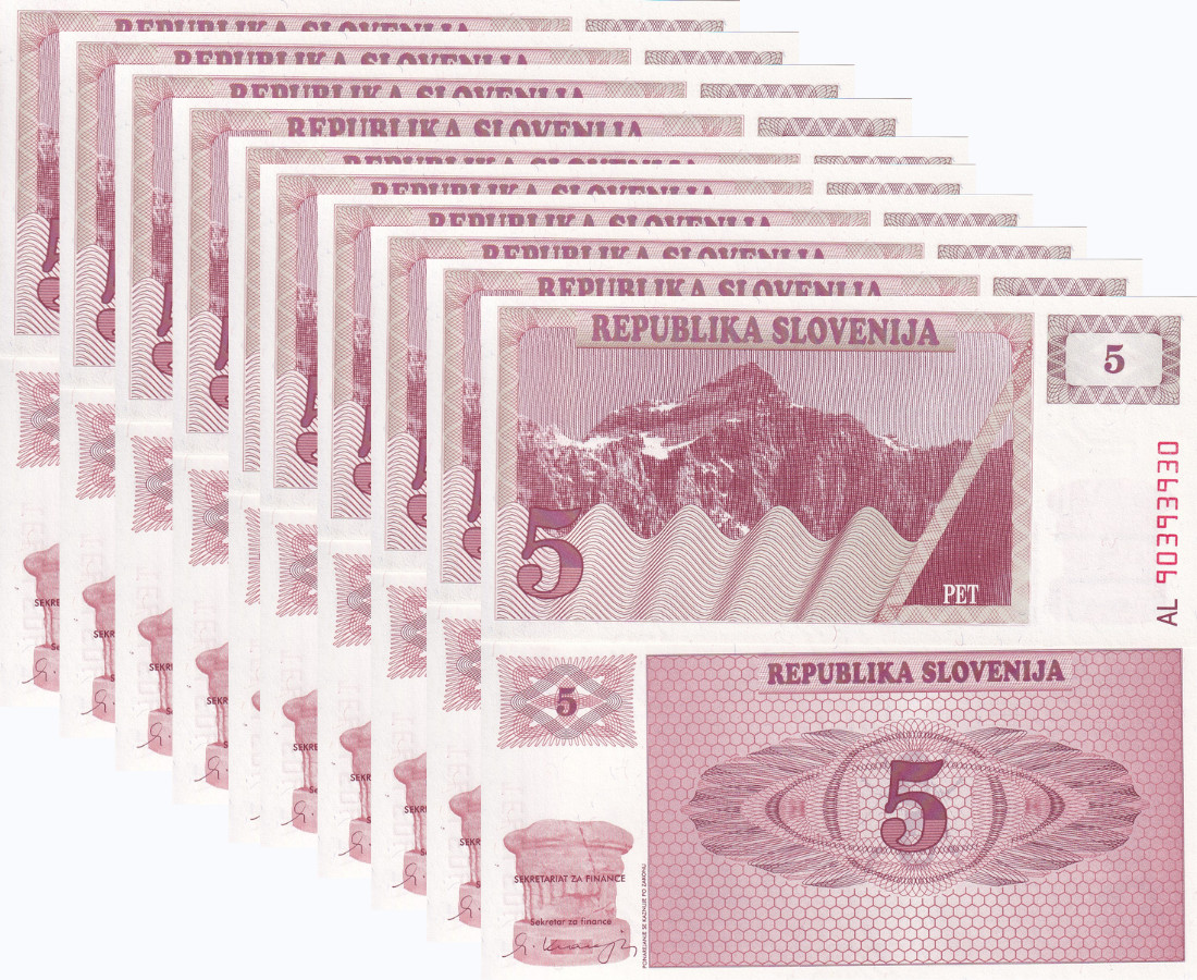 Slovenia 5 Tolarjev 1990 P 3 UNC LOT 10 PCS