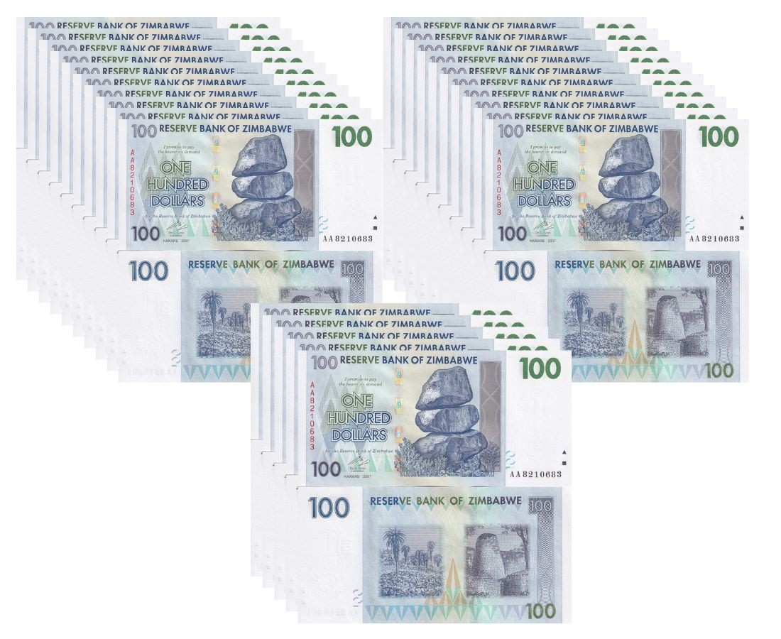 Zimbabwe 100 Dollars 2007 P 69 UNC LOT 25 PCS 1/4 BUNDLE , aloe excelsa