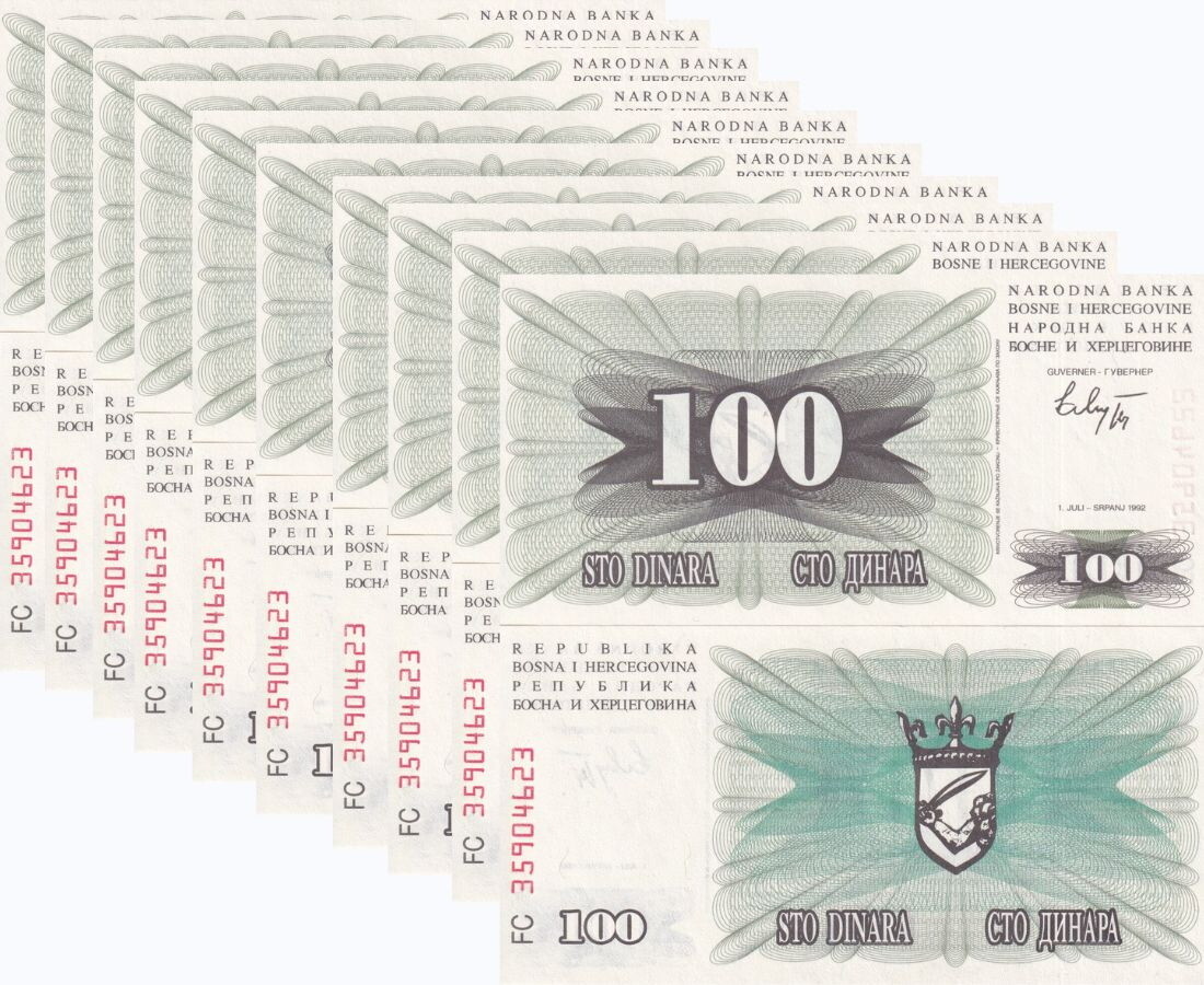 Bosnia 100 Dinara 1992 P 13 UNC LOT 10 PCS, Regular Issue, Mostar bridge