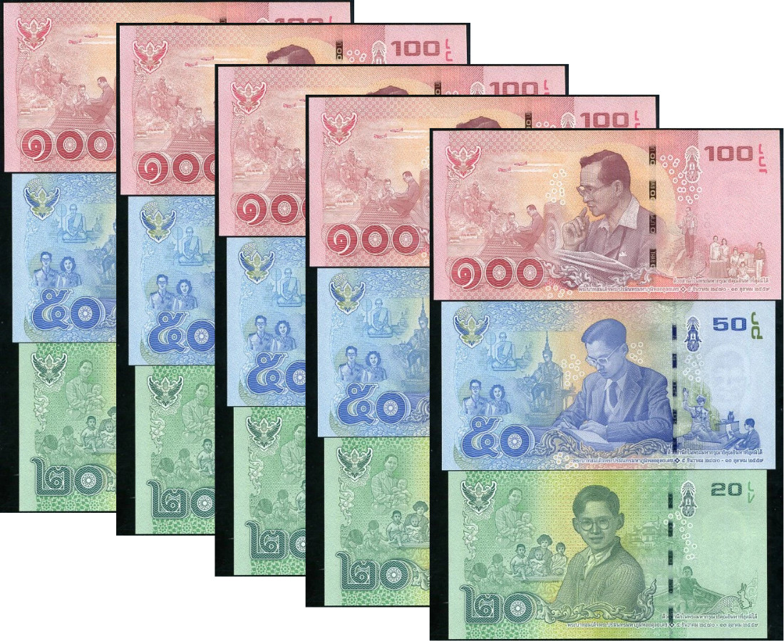 Thailand Set 3 x 5 LOTS = 15 UNC 20 50 100 Baht 2017 Commemorative P 130 131 132