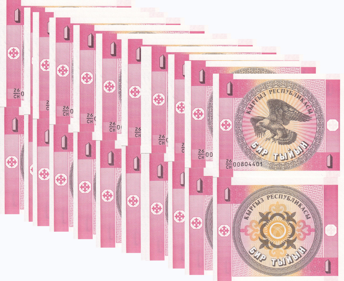 Kyrgyzstan 1 Tyiyn 1993 P 1 UNC, Eagle, Arms LOT 10 PCS , Pink