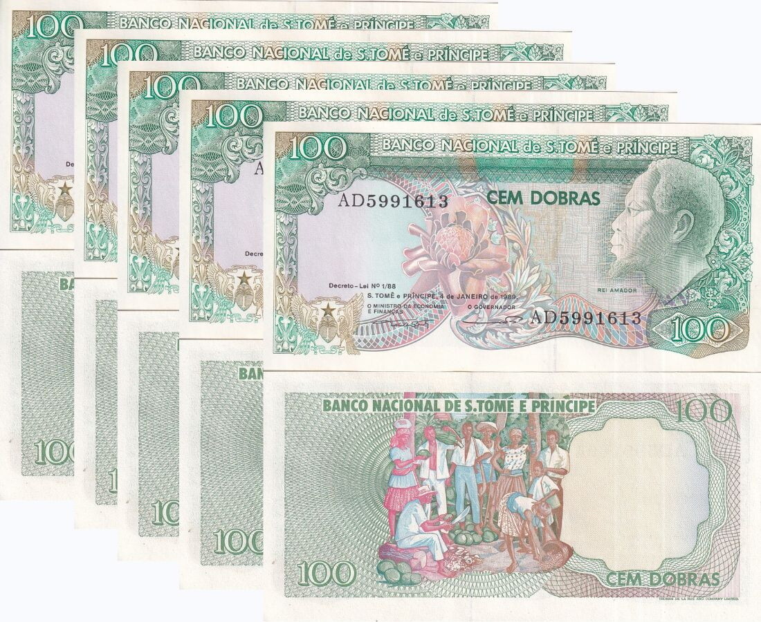 St. Thomas & Prince 100 Dobras 1989 P 60 UNC LOT 5 Pcs , TDLR, LONDON