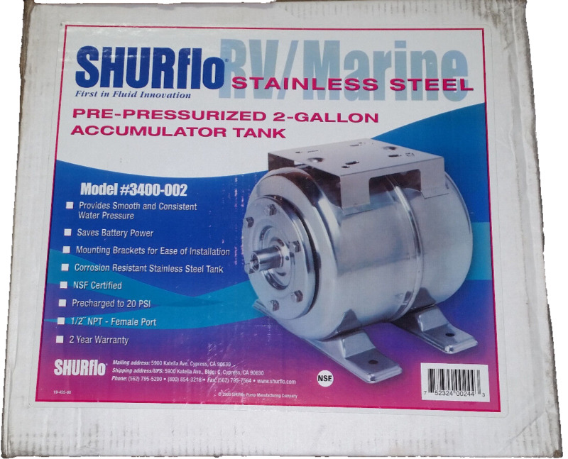 Shurflo 3400-002 2 Gallon Pre-pressurized  Accumulator Tank 20psi New Quantity