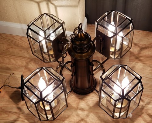 Vintage Bronze Copper Metal Tone 4 Arm w/Spotter Light Lantern Chandelier