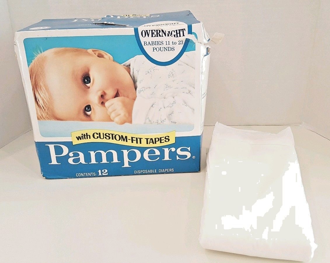 Vintage 1974 Pampers Overnight Diapers 11-23 lbs Blue Box 11 Plastic Diapers VTG
