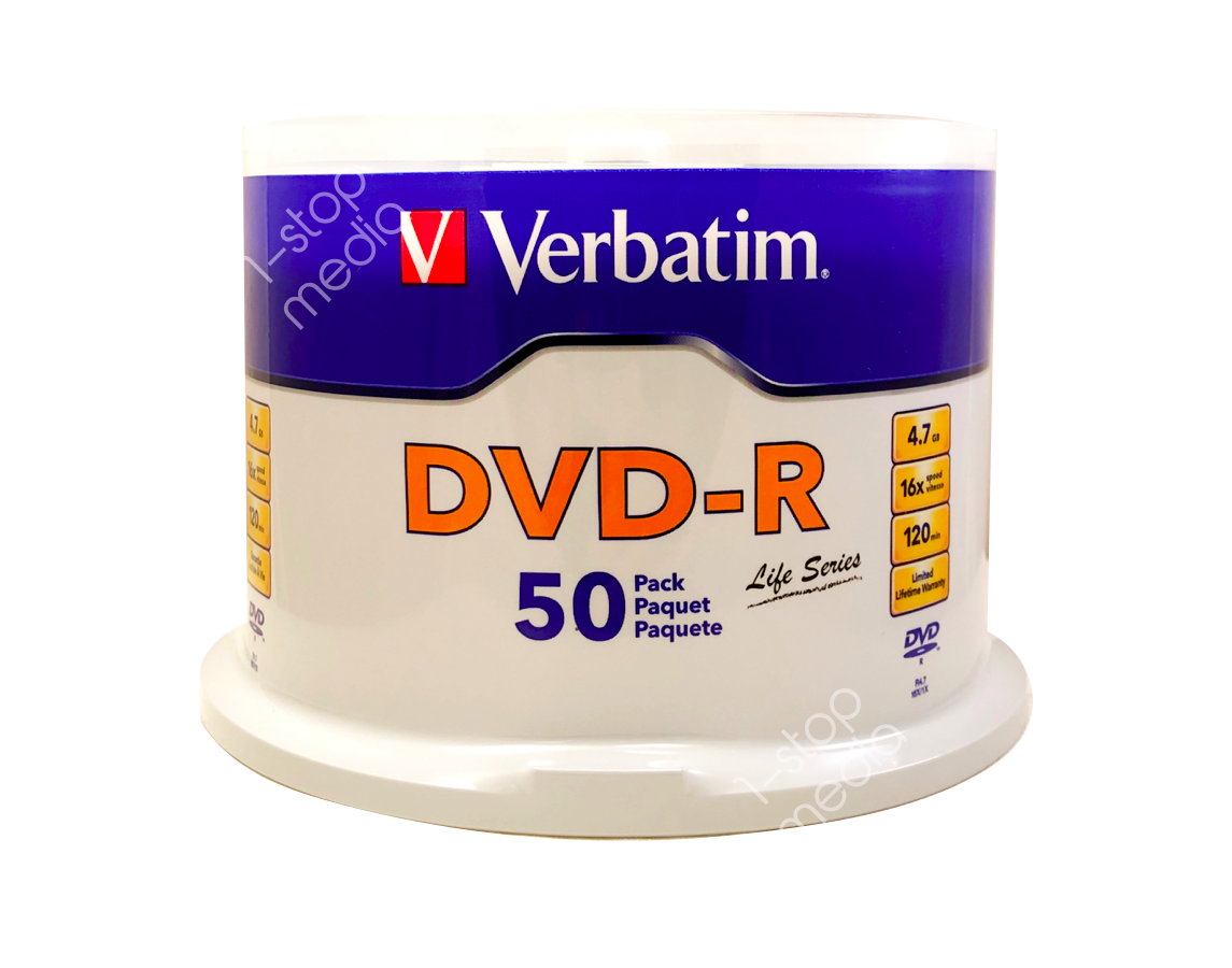50-pk Verbatim DVD-R Life Series - Logo-Branded, 16x, 4.7GB,