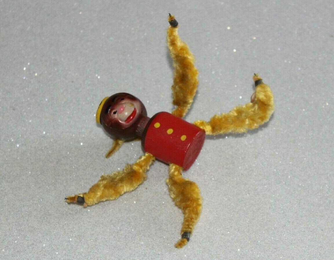 FABULOUS ANTIQUE HAND PAINTED WOODEN MONKEY & CHENILLE ARMS LEGS + TAIL!