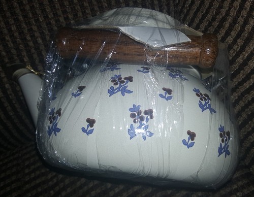 Vintage Teapot Gailstyn Sutton 1983 floral tulip enamel metal handle new