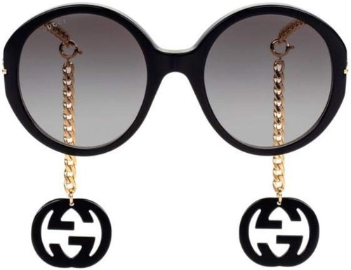 Pre-owned Gucci Gg0726s 726 001 Black Gold Grey Lens Round Women Sunglasses Gg Charm In Gray