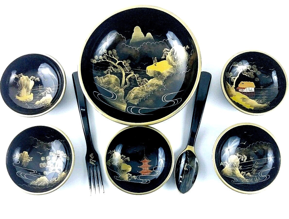 Mid Century Japanese Folk Art Lacquer Ware Serving 8 Piece Pai...