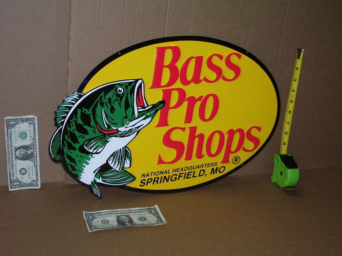 BASS PRO SHOPS - Oval Shaped & Embossed - BIG METAL SIGN - Shows Their FISH LOGO