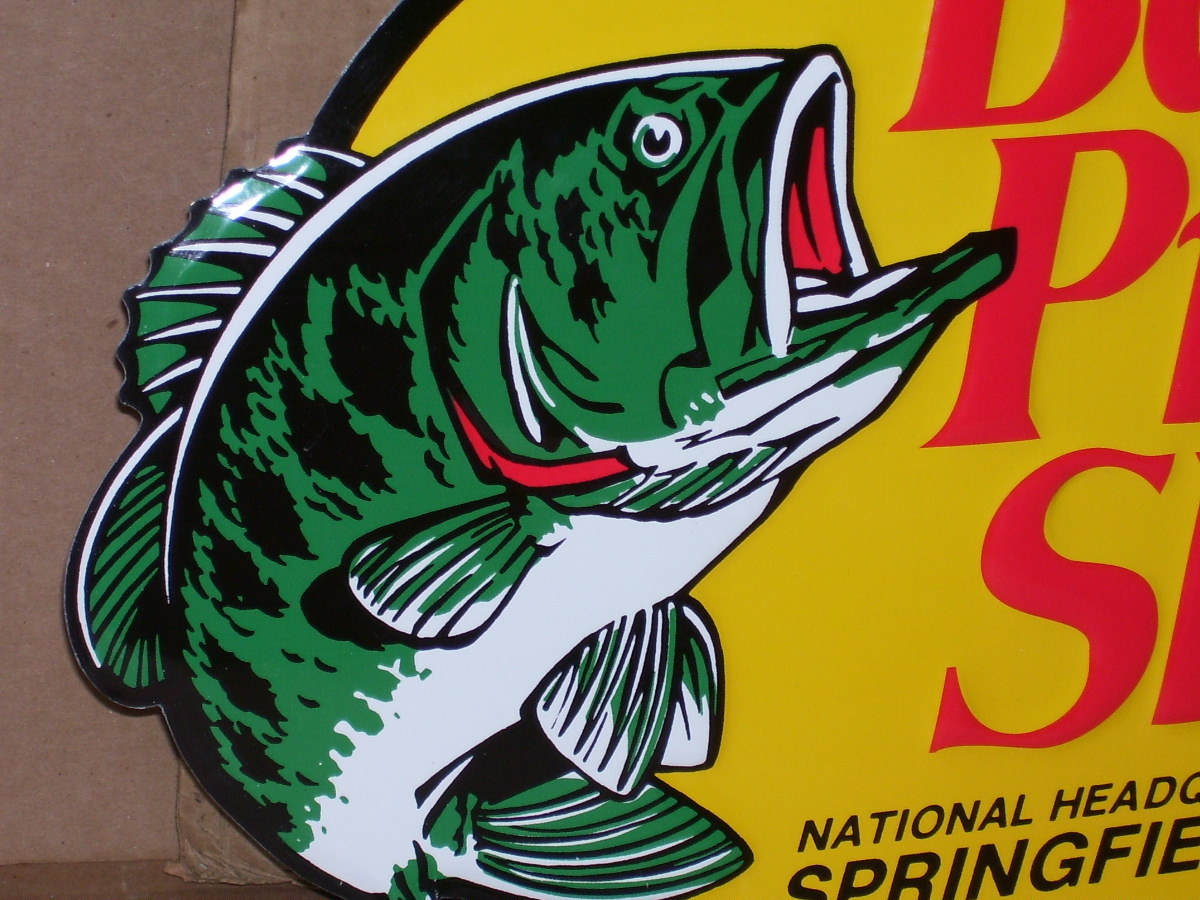 BASS PRO SHOPS - Oval Shaped & Embossed - BIG METAL SIGN - Shows Their FISH LOGO