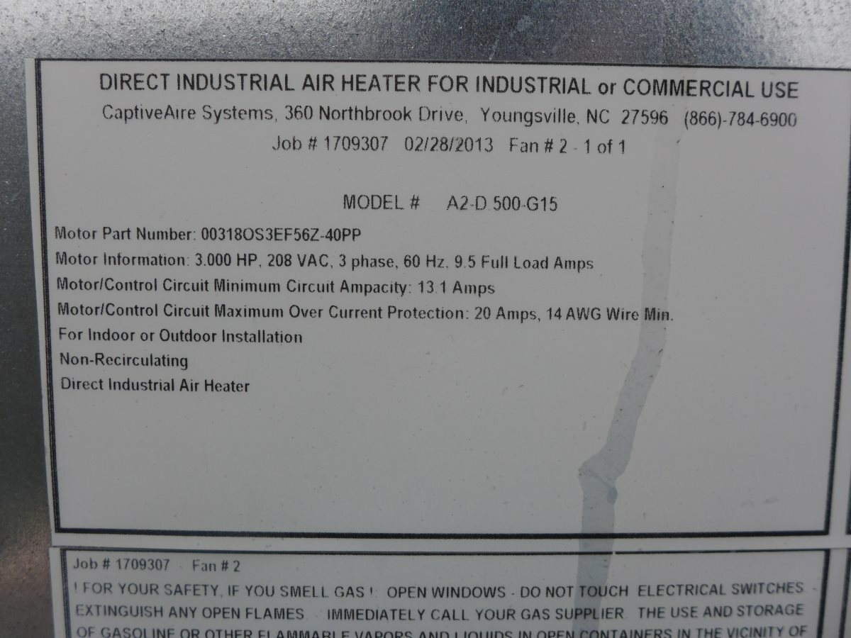 2013 Captive Aire A2-D.500-G15 Gas 4200 SCFM Heated Make Up Air, Hood Kitchen